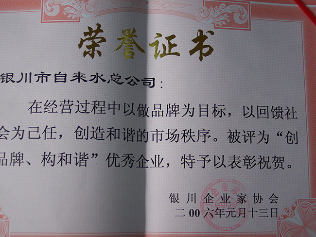 2006年银川企业家协会“创品牌构和谐”优秀企业