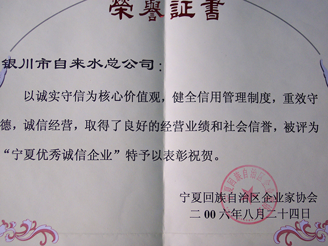 2006年宁夏回族自治区宁夏优秀诚信企业